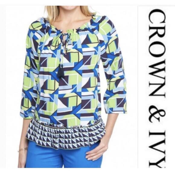 Crown &Ivy Small Long Sleeve Neon Blue Green White Flounce Peplum Top - Picture 1 of 9